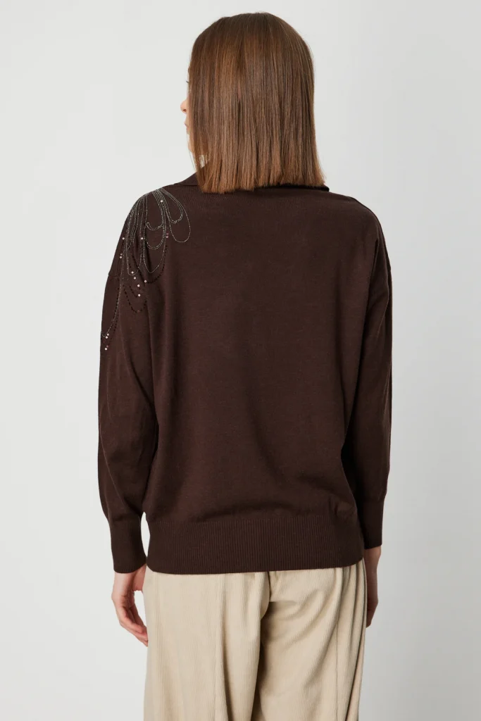 ON TRİKO Omzu İşlemeli Polo Yaka Triko Kazak 66359 - kahve