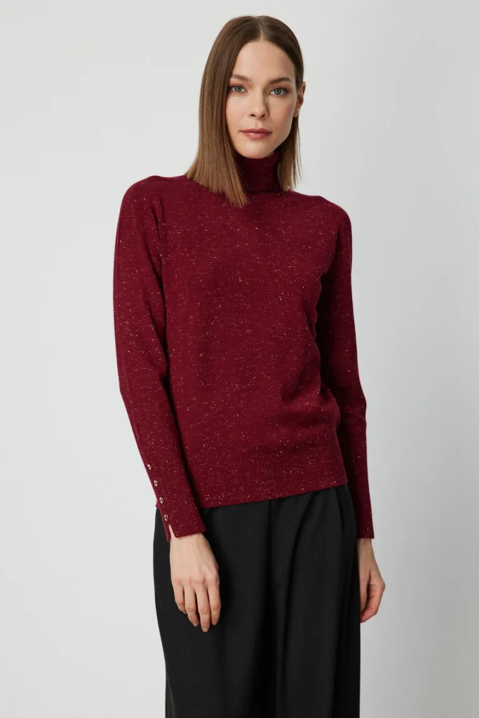 ON TRİKO Balıkçı Yaka Işıltılı Triko Kazak 69318 - bordo