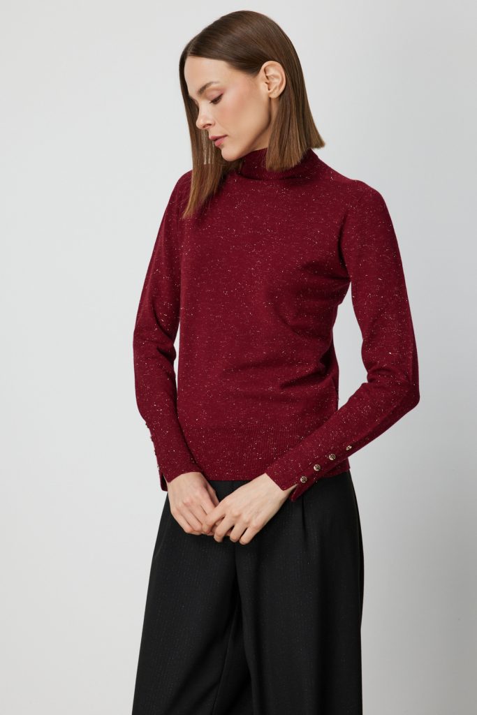 ON TRİKO Balıkçı Yaka Işıltılı Triko Kazak 69318 - bordo