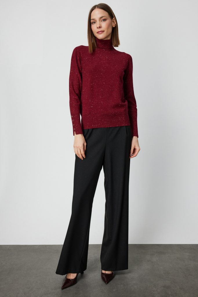 ON TRİKO Balıkçı Yaka Işıltılı Triko Kazak 69318 - bordo