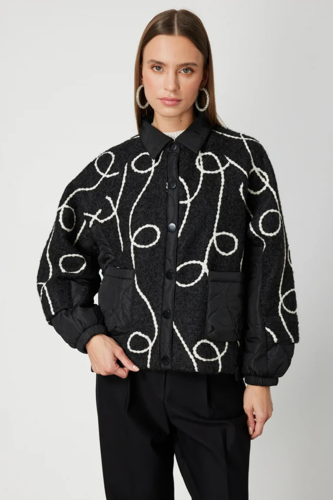 ON TRİKO Desenli Mix Kumaş Mont 60708 - Siyah