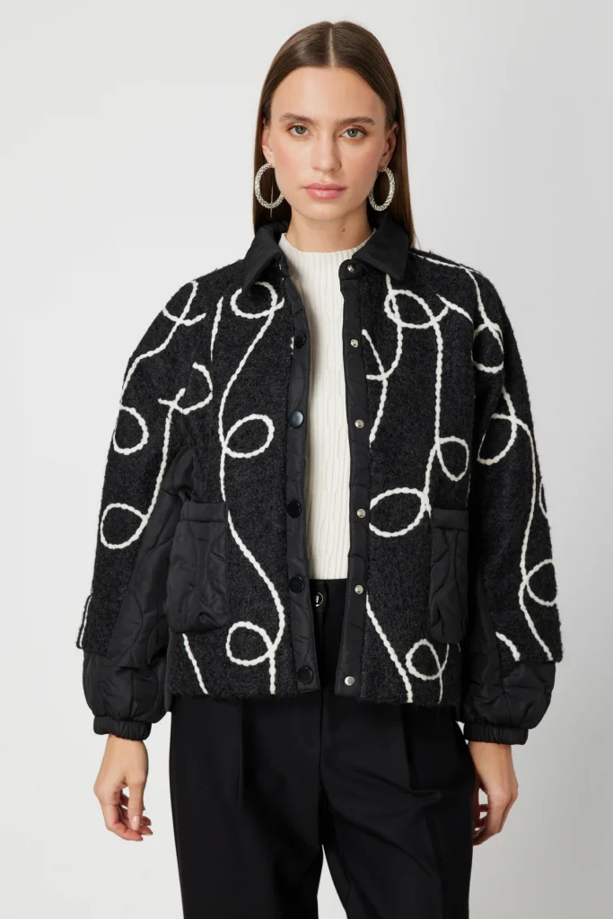 ON TRİKO Desenli Mix Kumaş Mont 60708 - Siyah