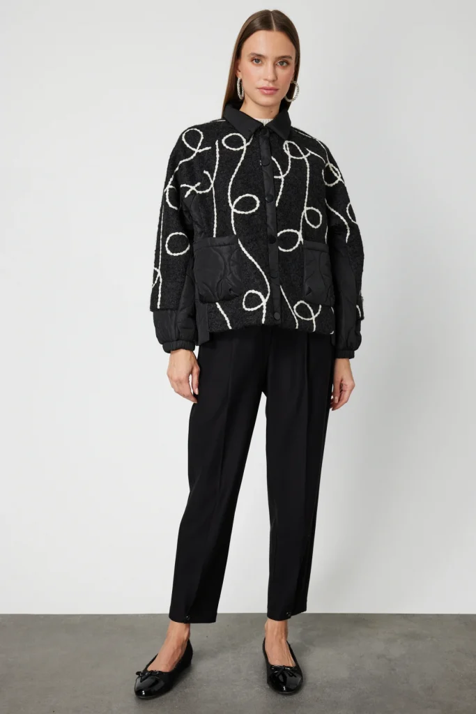 ON TRİKO Desenli Mix Kumaş Mont 60708 - Siyah