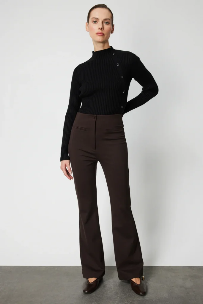 ON TRİKO Süs Fleto Cepli İspanyol Paça Pantolon 60115 - kahve