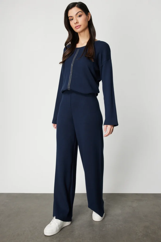 ON TRİKO Beli Lastikli Bol Paça Triko Pantolon 63321 - Lacivert