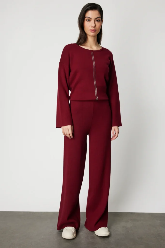 ON TRİKO Beli Lastikli Bol Paça Triko Pantolon 63321 - bordo