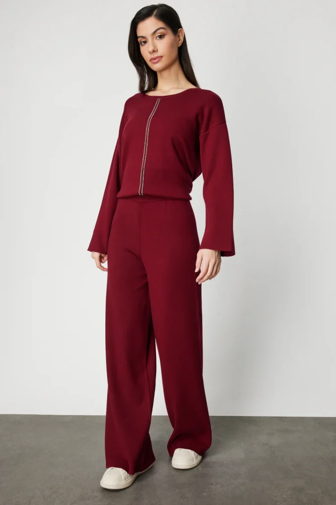 ON TRİKO Beli Lastikli Bol Paça Triko Pantolon 63321 - bordo