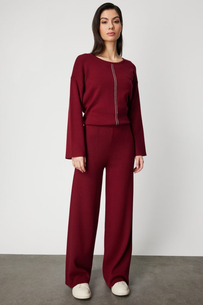 ON TRİKO Beli Lastikli Bol Paça Triko Pantolon 63321 - bordo