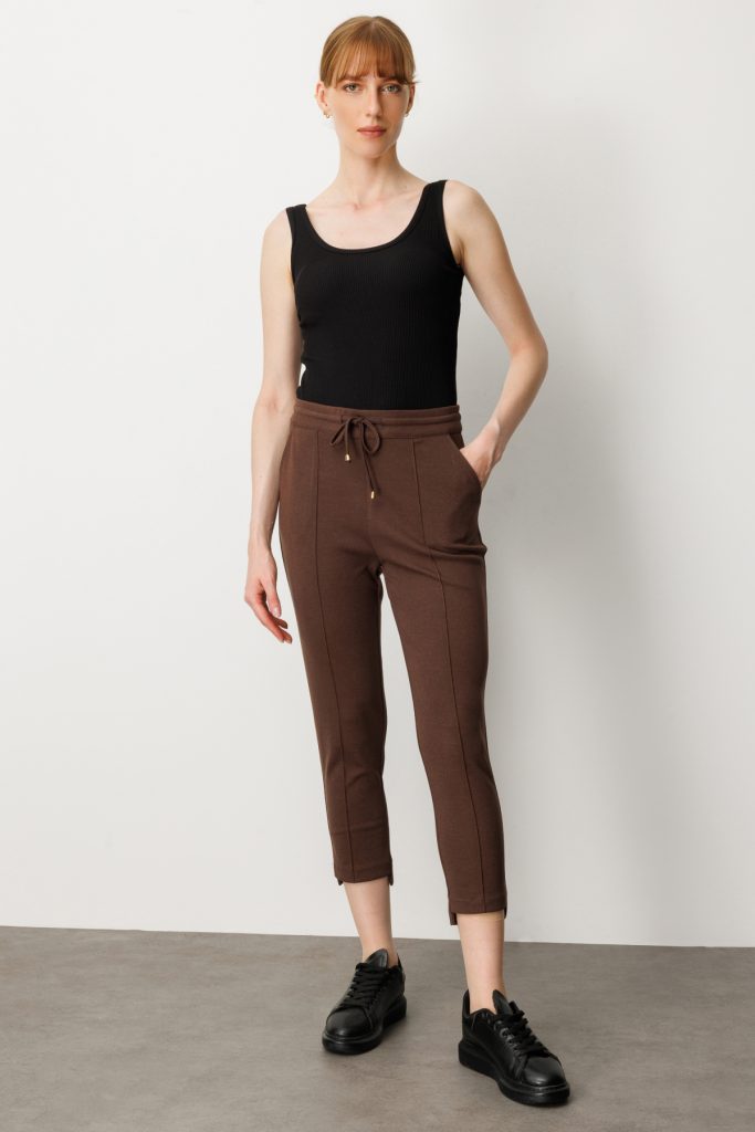 ON TRİKO Beli Lastikli Çimalı Eşofman Altı 64124 - kahve