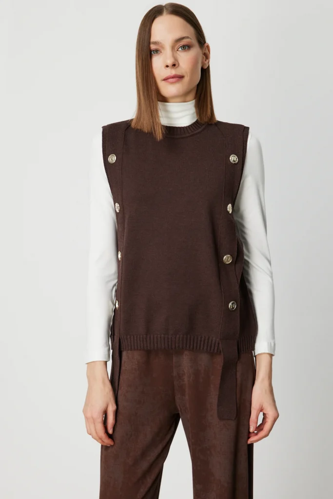 ON TRİKO Süs Düğmeli Sıfır Yaka Süveter 69310 - kahve