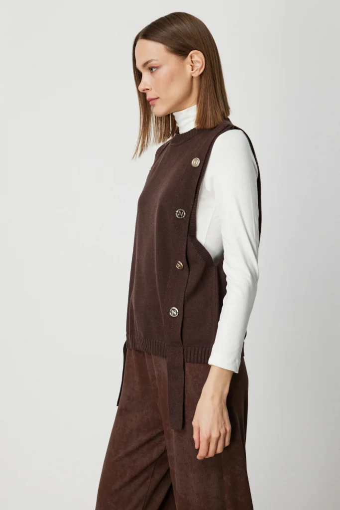 ON TRİKO Süs Düğmeli Sıfır Yaka Süveter 69310 - kahve