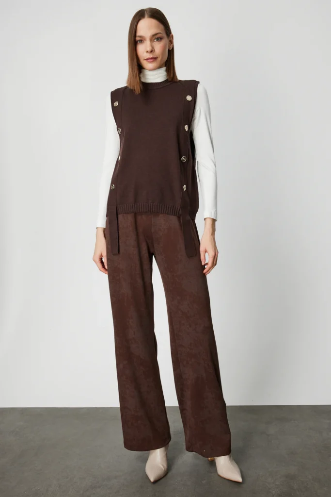 ON TRİKO Süs Düğmeli Sıfır Yaka Süveter 69310 - kahve