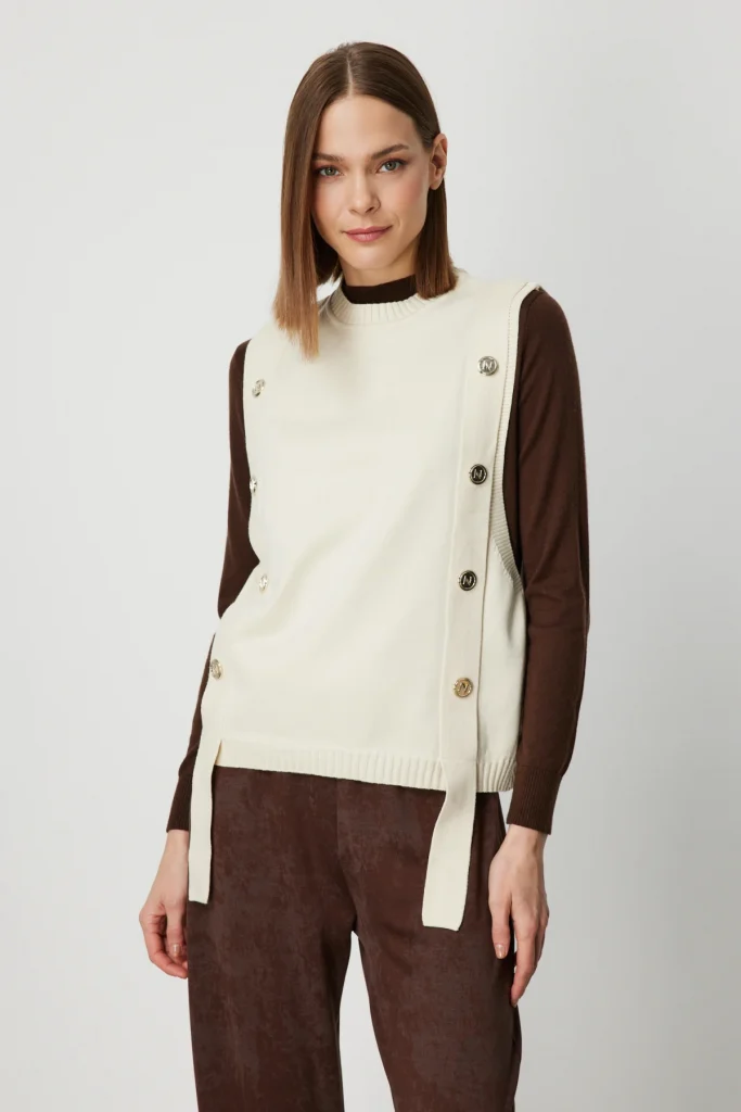 ON TRİKO Süs Düğmeli Sıfır Yaka Süveter 69310 - KREM