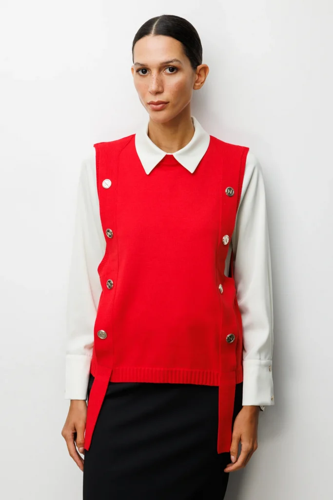 ON TRİKO Süs Düğmeli Sıfır Yaka Süveter 69310 - KIRMIZI