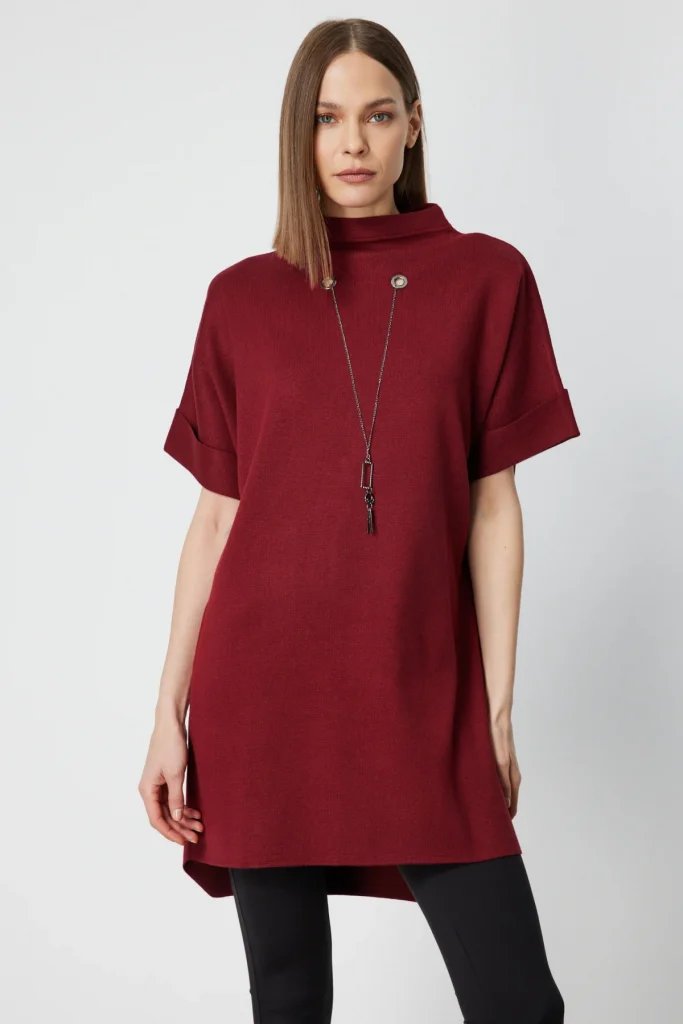 ON TRİKO Zincir Aksesuarlı Kısa Kollu Tunik 65360 - bordo