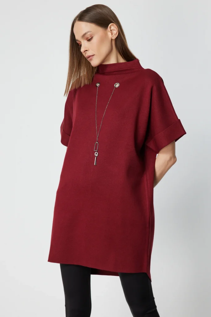 ON TRİKO Zincir Aksesuarlı Kısa Kollu Tunik 65360 - bordo