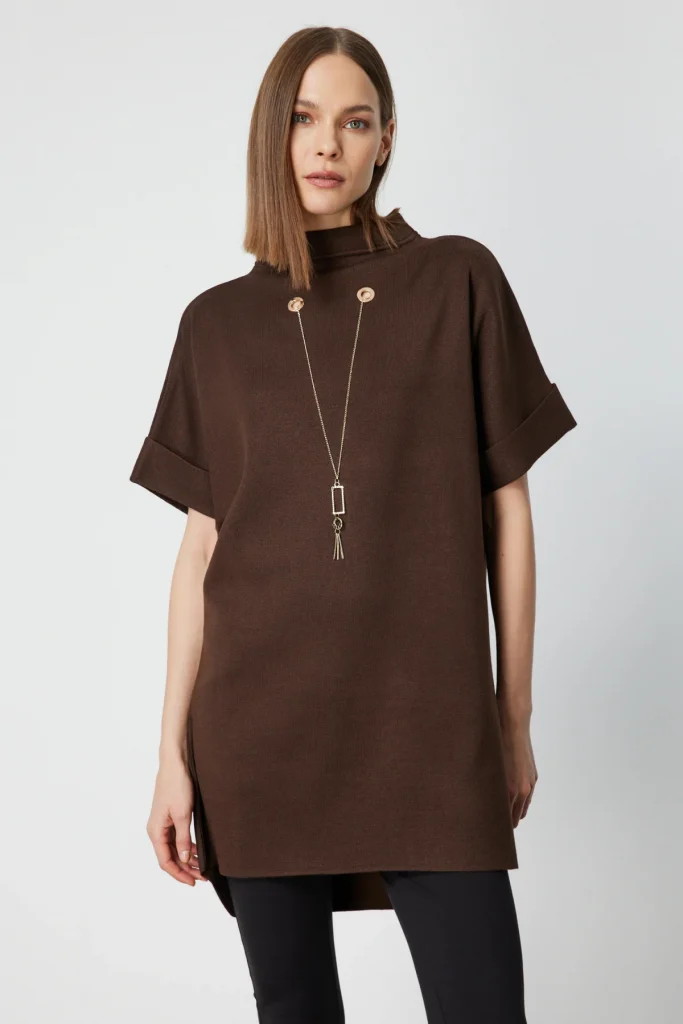 ON TRİKO Zincir Aksesuarlı Kısa Kollu Tunik 65360 - kahve