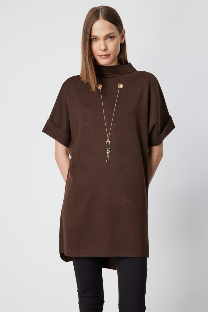 ON TRİKO Zincir Aksesuarlı Kısa Kollu Tunik 65360 - kahve