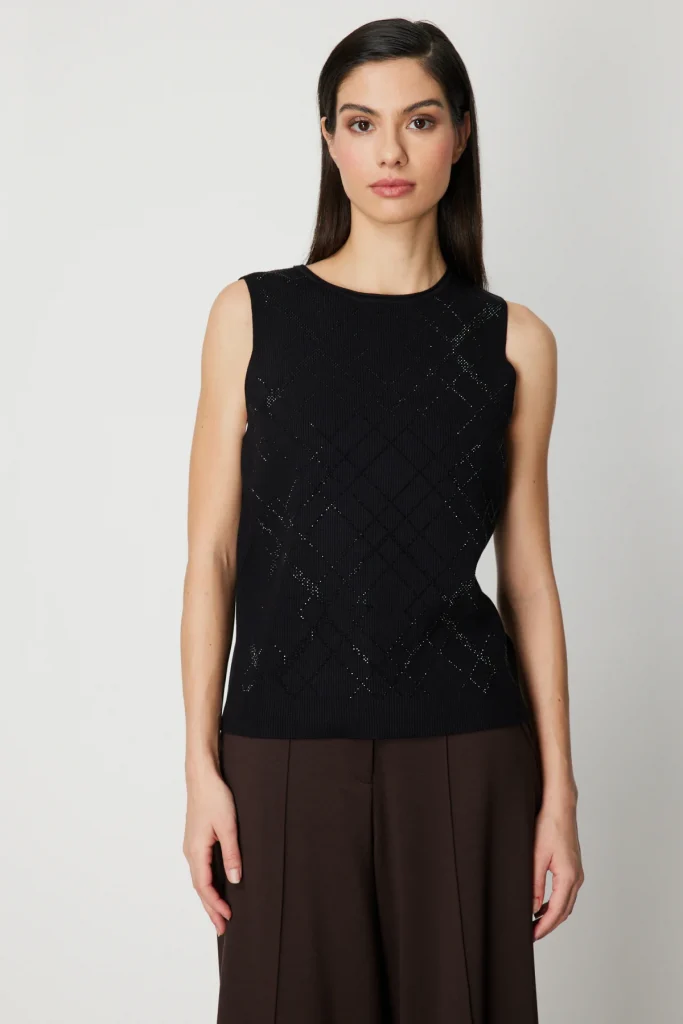 ON TRİKO Önü Taş İşlemeli Kolsuz Triko Bluz 60352 - Siyah