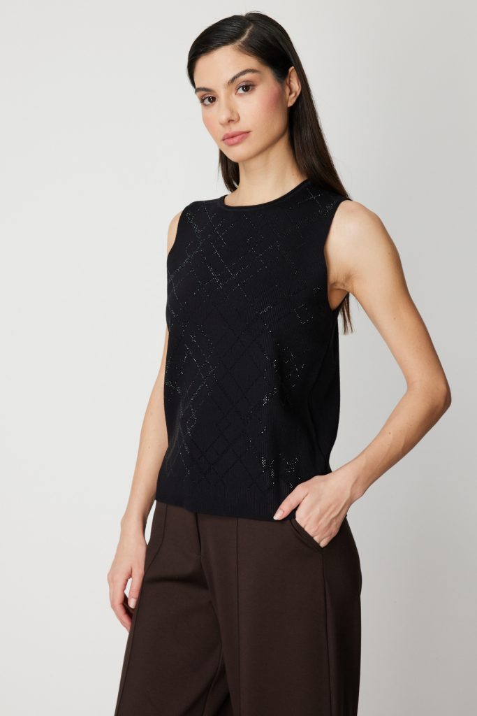 ON TRİKO Önü Taş İşlemeli Kolsuz Triko Bluz 60352 - Siyah