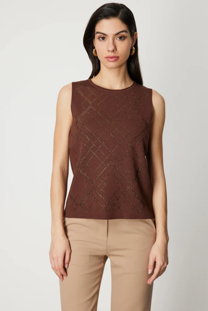 ON TRİKO Önü Taş İşlemeli Kolsuz Triko Bluz 60352 - kahve