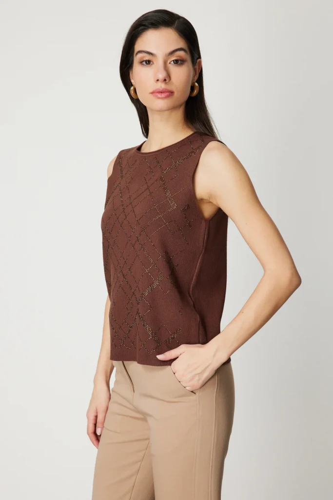 ON TRİKO Önü Taş İşlemeli Kolsuz Triko Bluz 60352 - kahve