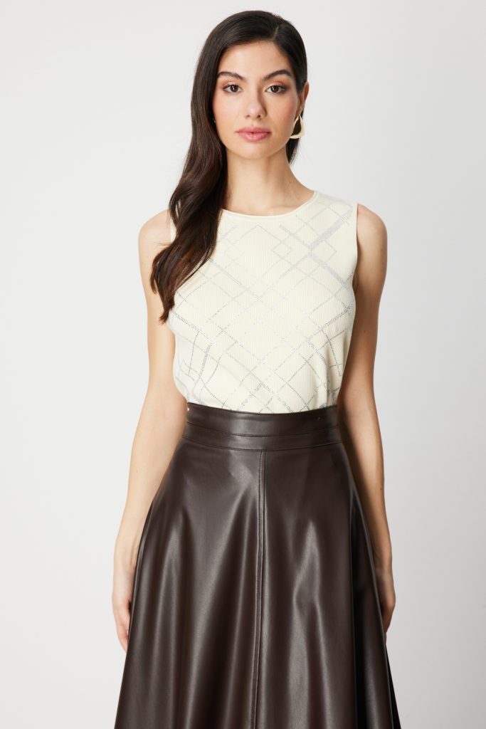 ON TRİKO Önü Taş İşlemeli Kolsuz Triko Bluz 60352 - EKRU