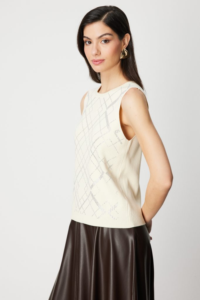 ON TRİKO Önü Taş İşlemeli Kolsuz Triko Bluz 60352 - EKRU