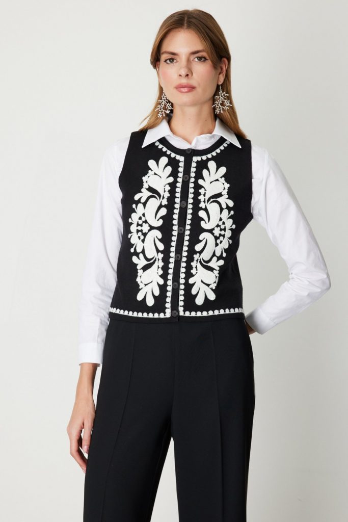 ON TRİKO İşlemeli Triko Yelek 60919