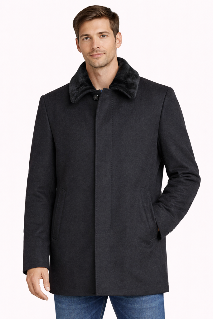 PALMONTE Yakası Kürklü Kaşe Kaban 433 - Siyah