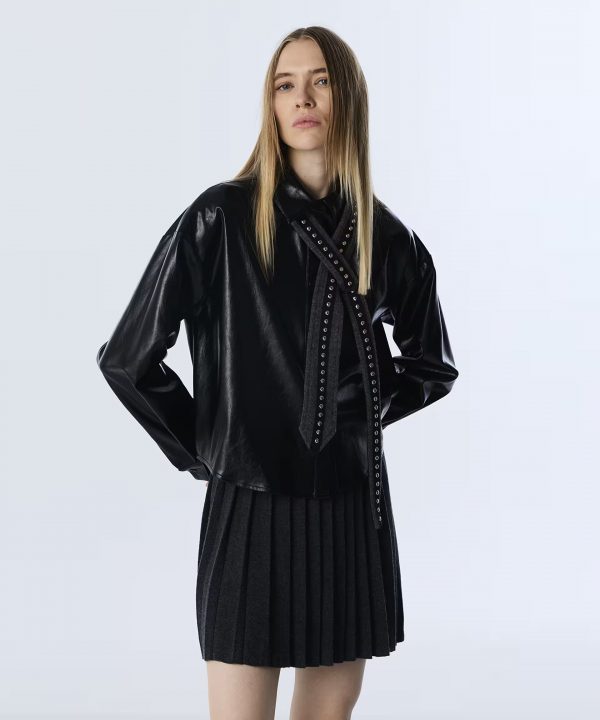 TWIST Yakası Bağlamalı Deri Görünümlü Gömlek TW6250025114