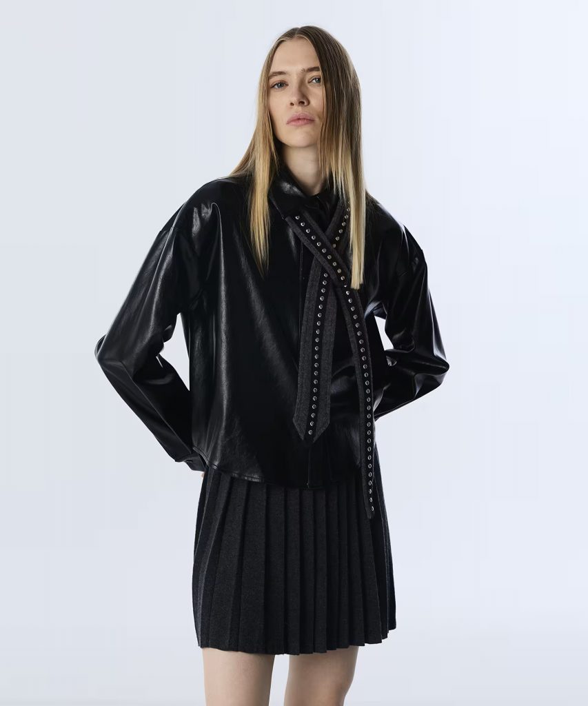 TWIST Yakası Bağlamalı Deri Görünümlü Gömlek TW6250025114 - Siyah