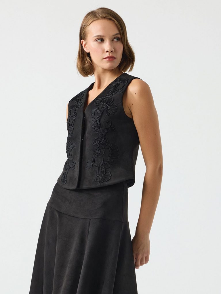 UNIQUE Nakış Detaylı Süet Yelek 268003