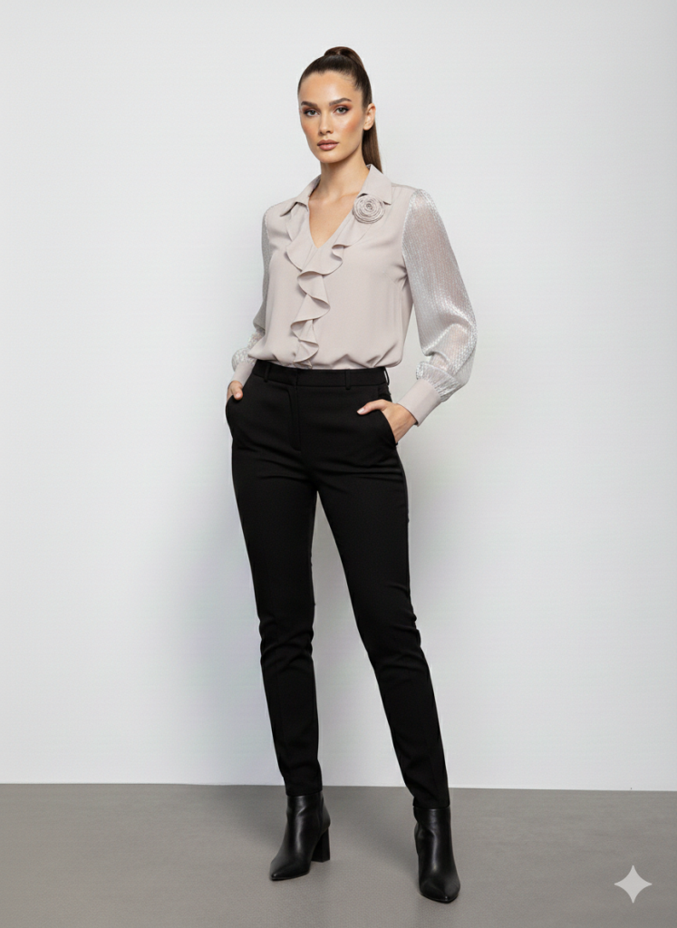 VOKZAL Yakası Gül Detaylı Bluz 6995 - BEJ