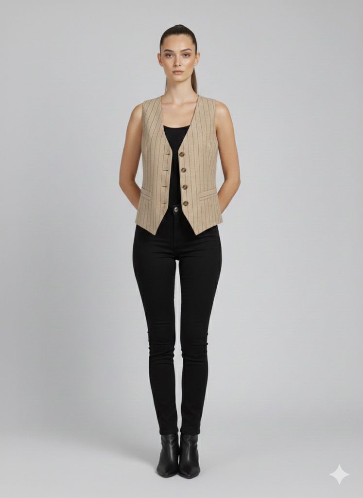 YSATİS Derin V Yaka Keten Yelek 1200102 - camel