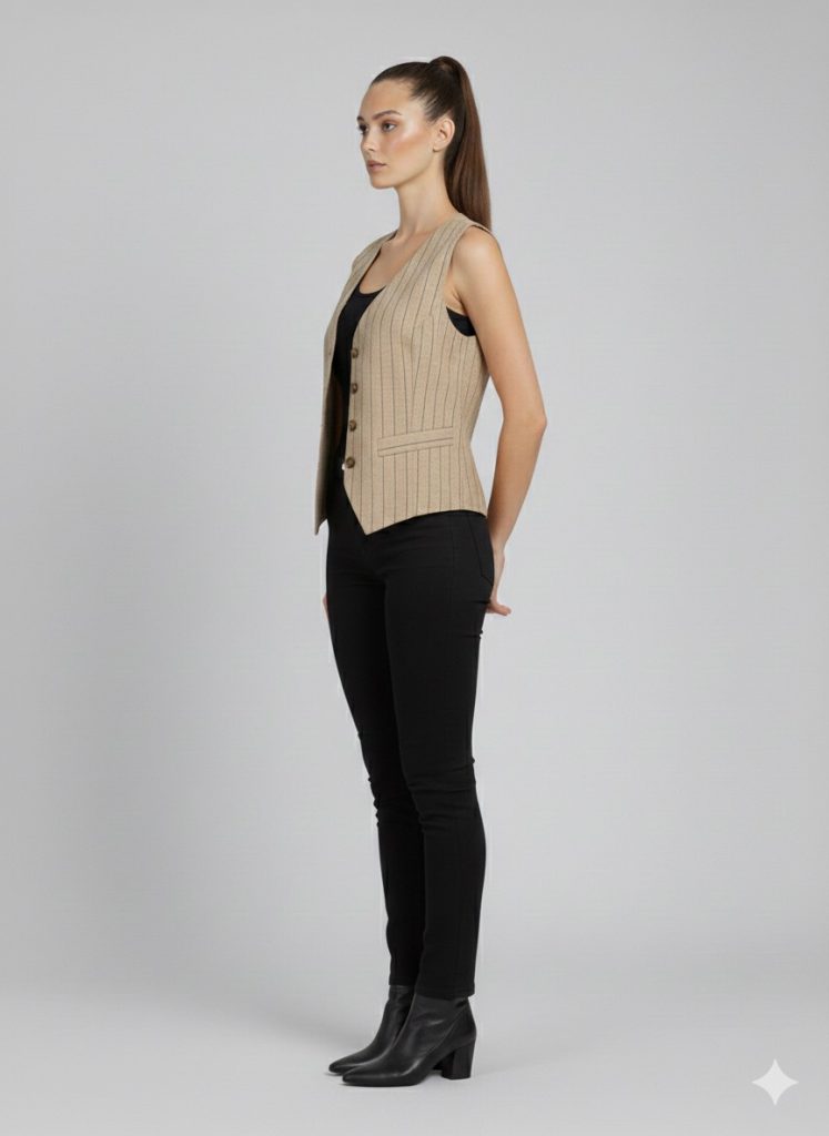 YSATİS Derin V Yaka Keten Yelek 1200102 - camel