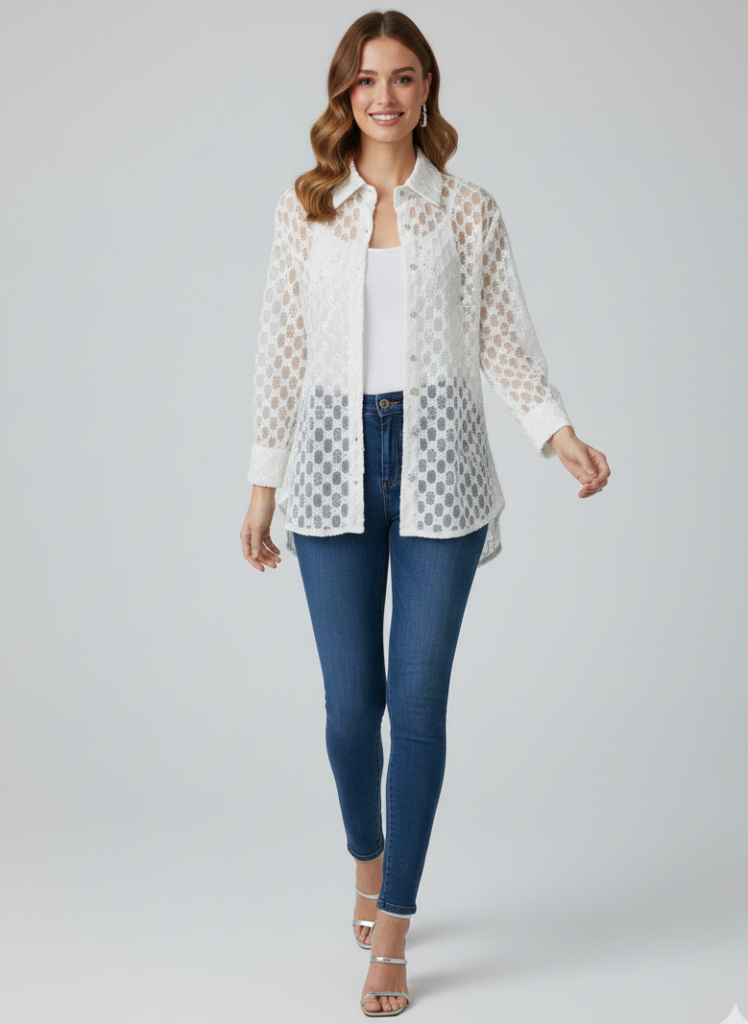 BDK Boncuk İşlemeli Gömlek 0856 - Beyaz