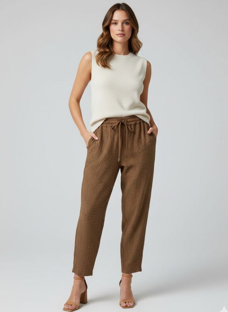 SEDNA Beli Bağcıklı Lastikli Pantolon 7219 - kahve