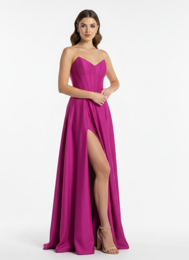 DORİDORCA Yüksek Yırtmaçlı Kalp Yaka Uzun Abiye 6133 - fusya