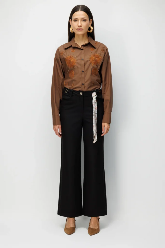 EKOL Beli Metal Aksesuarlı Bol Paça Pantolon  4010 - Siyah