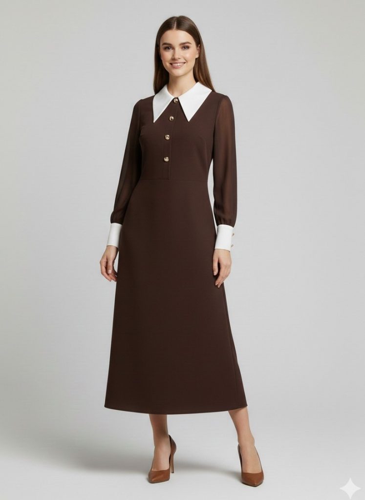 MODAİLGİ Önlük Yaka Kolları Şifon Kloş Elbise  60014 - kahve