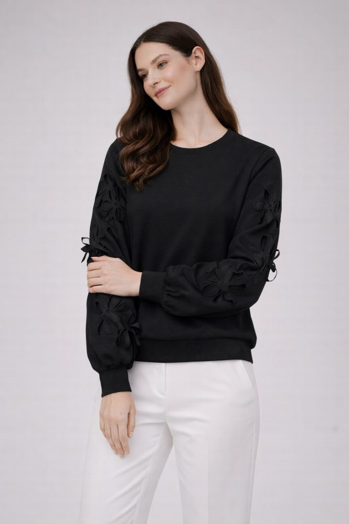 ON TRİKO Çiçek Detaylı Sweat 70351 - Siyah