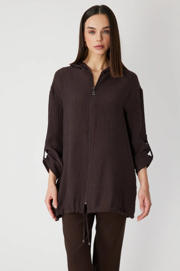 ON TRİKO Kendinden Desenli Kapüşonlu Hırka 72701 - kahve