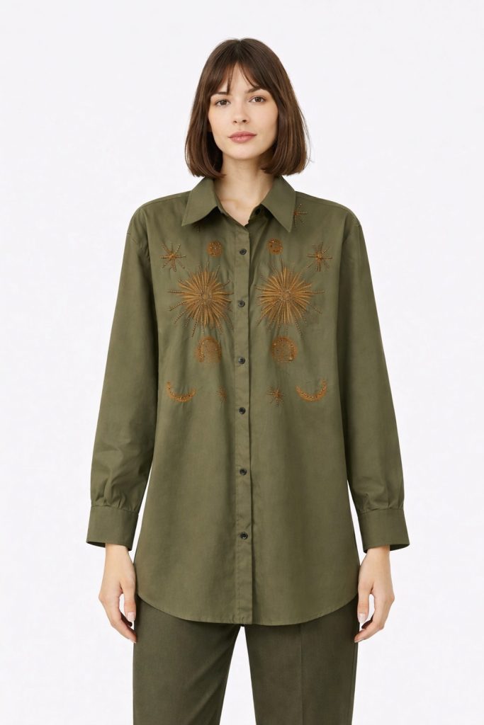 EKOL Boncuk İşlemeli Gömlek 2818 - HAKİ