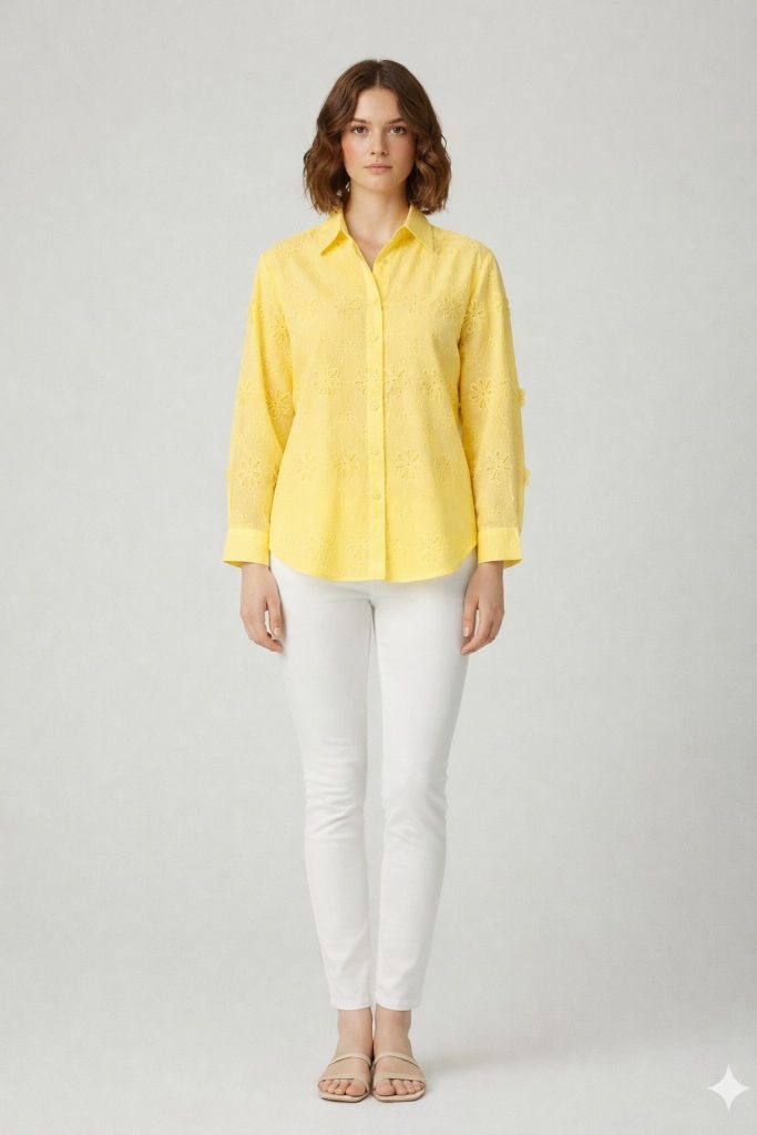 EKOL Çiçek Nakışlı Gömlek 2916 - SARI