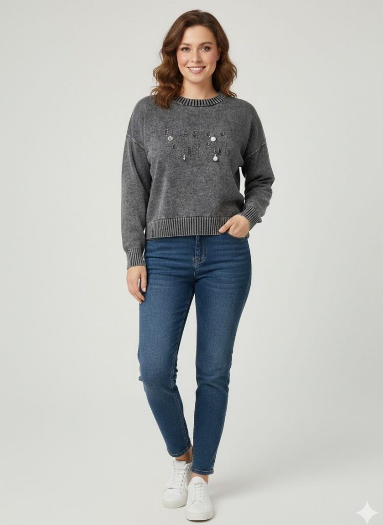 BDK TRİKO Aksesuar İşlemeli Bluz 161-1 - GRİ