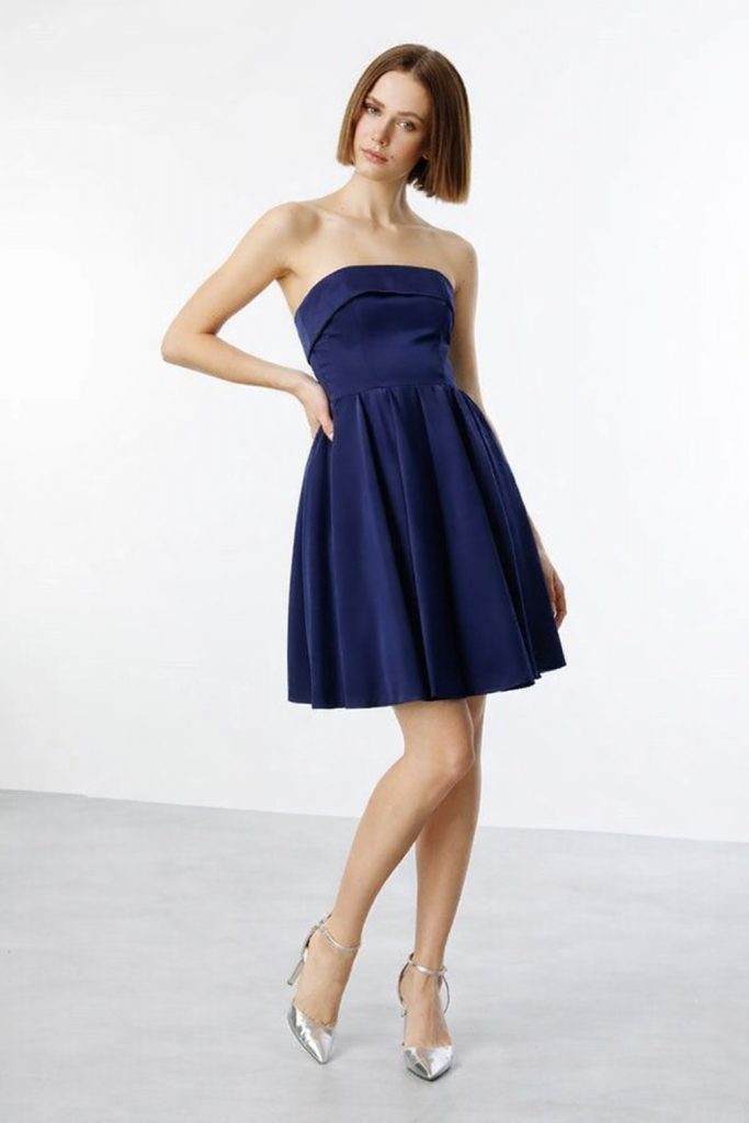 EKOL Eteği Piliseli Straplez Elbise 5096 - Lacivert