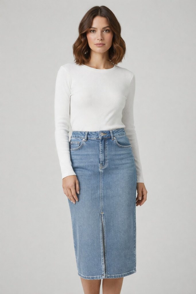 EKOL Önü Yırtmaçlı Midi Kot Etek 3042 - MAVİ