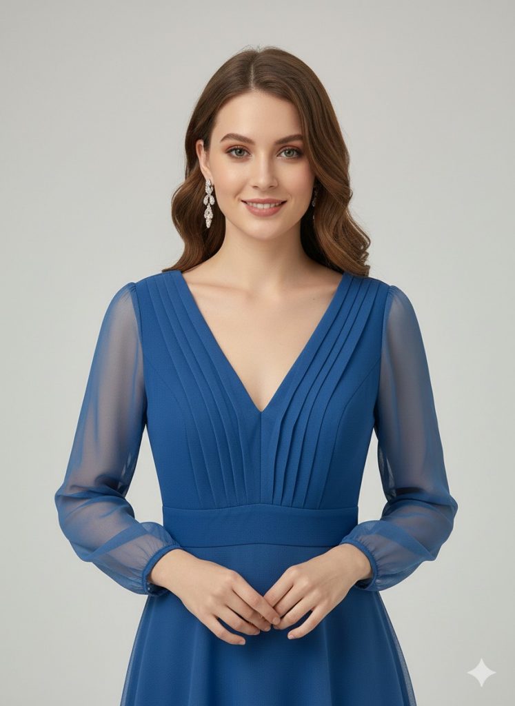 DORİDORCA V Yaka Abiye Elbise  3037 - İNDİGO