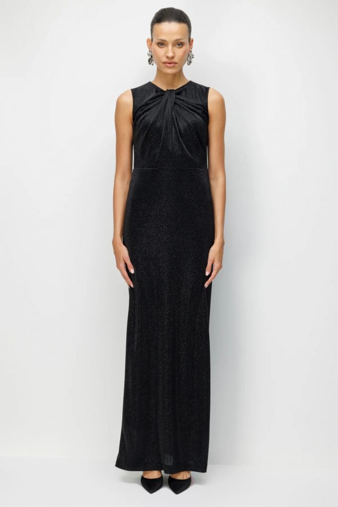 EKOL Büzgü Detaylı Sırt Dekolteli Simli Elbise 6094 - Siyah